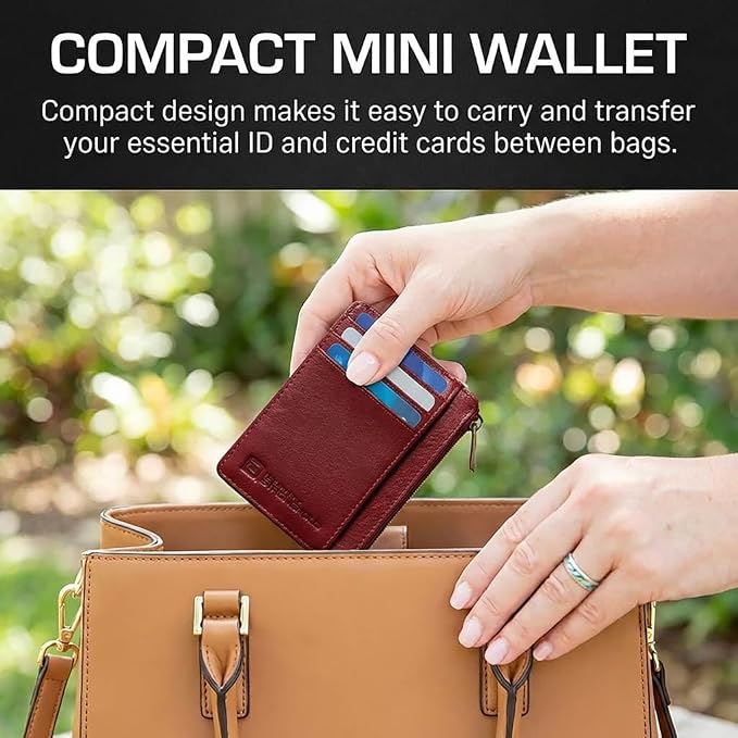 ID STRONGHOLD RFID Front Pocket Wallet Mini Minimalist Wallet Slim Wallet Genuine Leather with Zipper , Red , Small