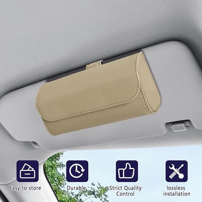 Sunglasses Holder for Car Sun Visor, Sunglass Organizer for Car, Magnetic Leather Eyeglasses Protective Storage Case, Waterproof Glasses Organizer Visor Accessories for Vehicles (Beige)