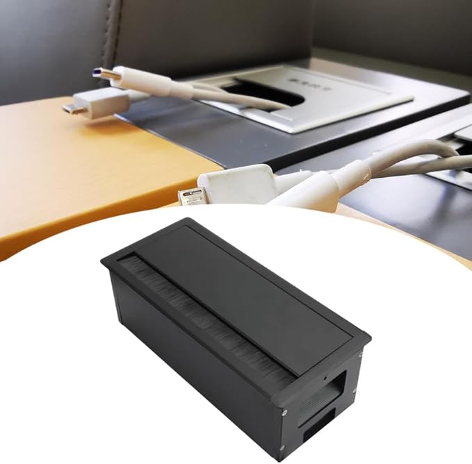 Desk Threading Box Aluminum Alloy Rectangular Wire Organizer with Cable Hole Cover Cord Grommet Storage Box Space Saving Cushioning Structure, Black