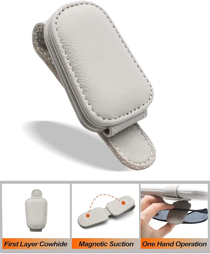 Sunglass Holder for Car, Magnetic Leather Eyeglass Hanger Sunglass Clip for Car Visor, Car Sunglass Holder Organizer Storage, Car Interior Accessories (1PCS, Gray)