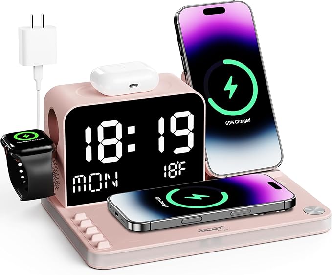 Acer 7-in-1 Wireless Charging Station with LED Clock - 30W Fast Wireless Charger for iPhone 16/15/14/13/12/Pro Max, Apple Watch, AirPods - Bluetooth Auto Time Sync & Night Lights (Pink)