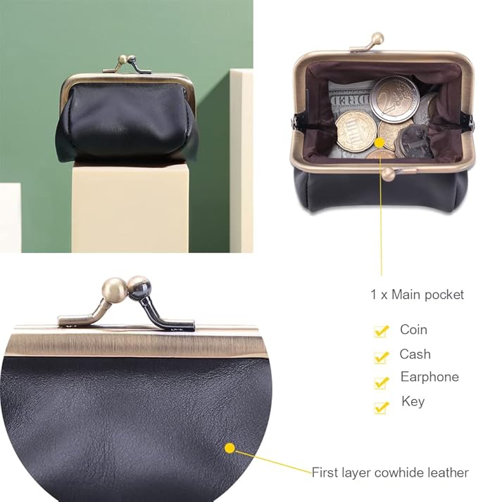 Genuine Leather Mini Vintage Coin Purse Kiss Lock change purse Cute Coin Purse Coin Organizer (Black)