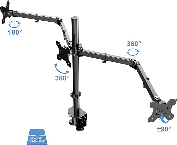 Rocelco Premium Triple Monitor Desk Mount - Standard Pattern Fits 13" - 27" LED LCD Flat Computer Screen - Three Articulated Full Motion Adjustable Arms - Grommet and C Clamp - Black (R DM3)