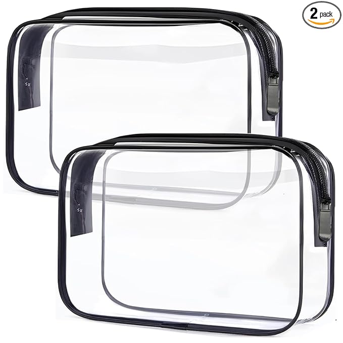 TRODANCE Clear Toiletry Bag, 2 Packs TSA Approved Water resistant Travel Organizer, Airport Airline Travel Essential Carry On Makeup Cosmetic Bags for Women, Black - 2 packs