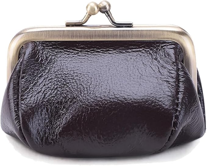 Genuine Leather Coin Purse for Women Small Kiss Lock Change Purse Clasp Coin Coin Holder Pouch Cute Wallet (Coffee)
