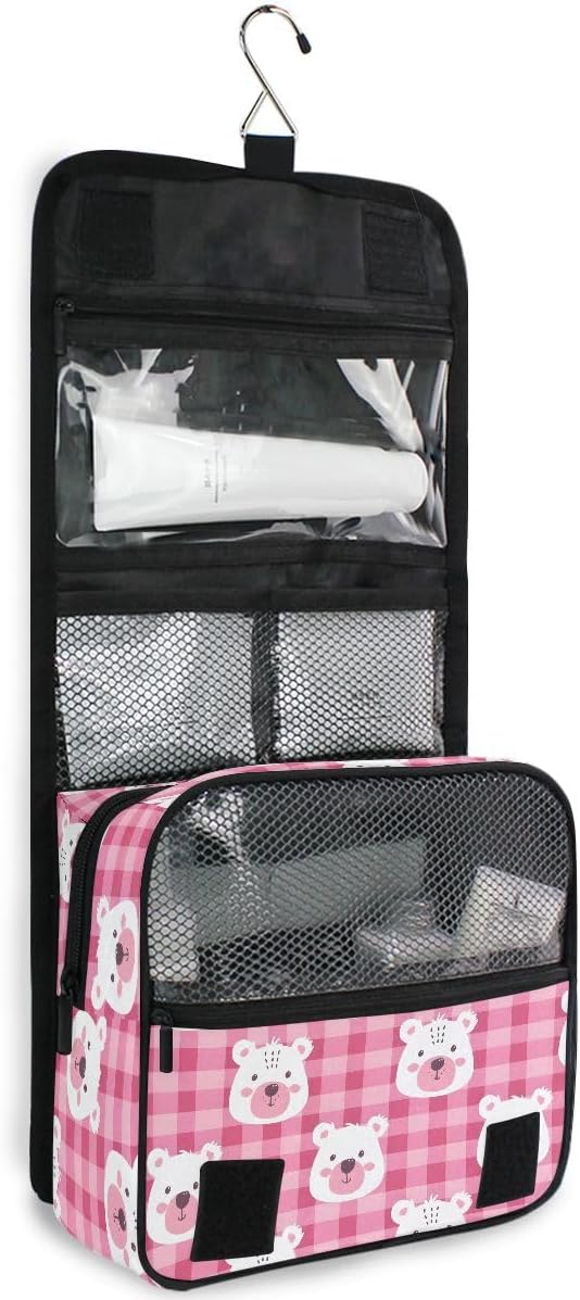 senya Hanging Travel Toiletry Bag Cute Kit Makeup Case Cosmetics Organizer for Men Women (Pink Checkered Bear's Face)