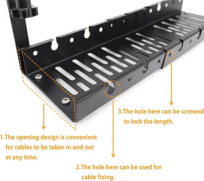 No Drilling Extendable Under Desk Cable Management, Metal Cable Tray Under Desk with Clamp, Retractable Power Strip Cord Holder for Wire