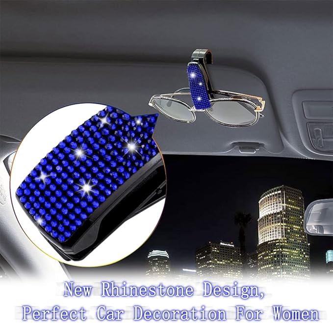 Set of 2 Bling Rhinestone Car Sun Visor Glasses Holders with Anti-Scratch Sponge,Car Decoration for Women Girls,Ticket Card Clip Visor Organizer,Universal Rhinestone Car Accessories (Jewel Blue)