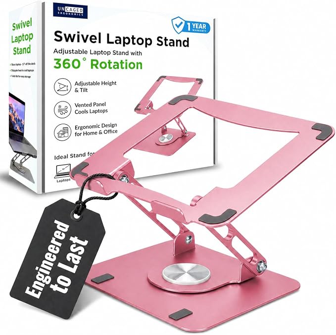 Uncaged Ergonomics Swivel Laptop Stand for Desk, Adjustable Computer iPad Stand for Desk w/ 360 Rotation, Portable Laptop Holder for Home Office Ergonomic Supplies (Brushed Pink)