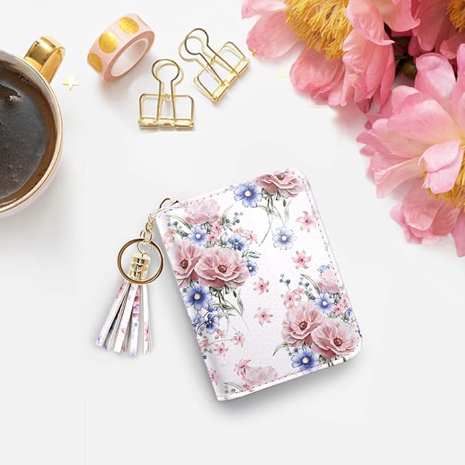Coco Rossi Women's Card Case RFID Cute Flowers Small Wallet Card Holder, White Floral