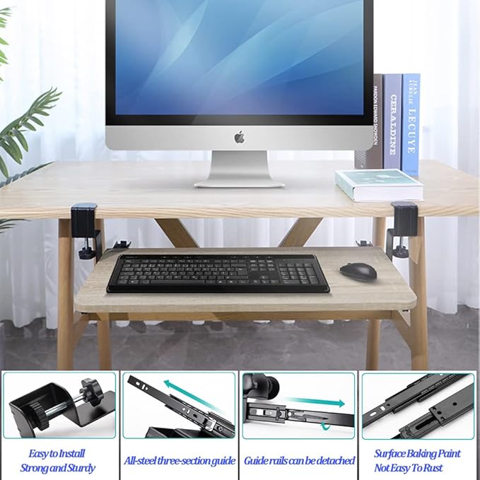 Keyboard Tray Clamp Under Desk with Adjustable Clamp and 7.87IN Rail Set for DIY Custom Wooden Keyboard Trays (Tray Not Included), Under Desk Pull Out Slider Track with C-clamp Mount System