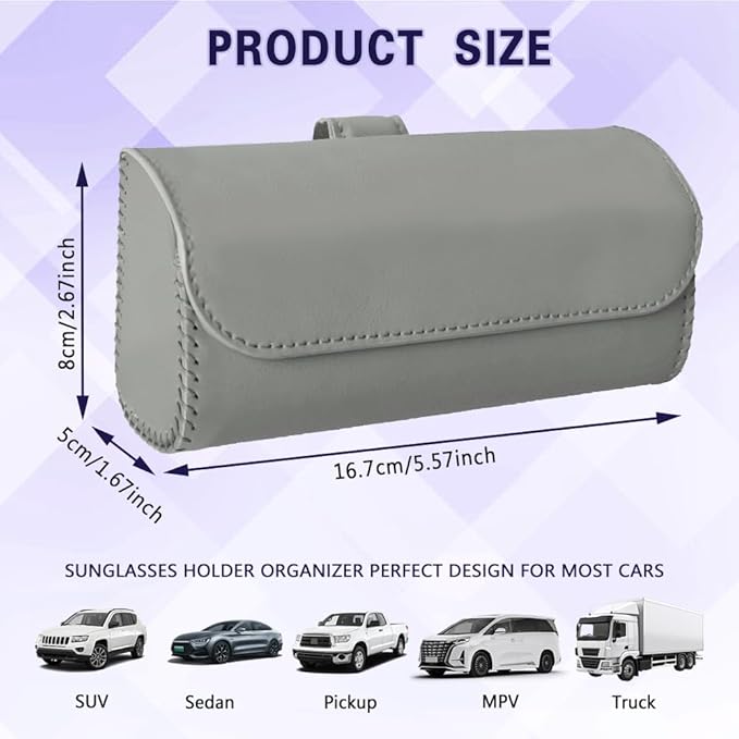Sunglasses Holder for Car Sun Visor, Sunglass Organizer for Car, Magnetic Leather Eyeglasses Protective Storage Case, Waterproof Glasses Organizer Visor Accessories for Vehicles (Gray)