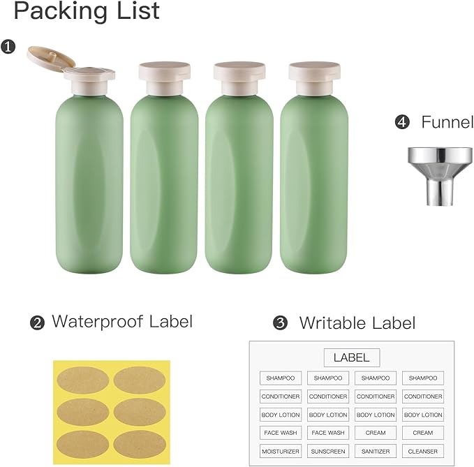 Empty Shampoo Bottles 6.7oz - Large Size Refillable Plastic Liquids Toiletry Containers - Empty Leak Proof Lotion Toiletries Dispenser - Green Flip Cap Top Body Wash and Cosmetic Set 4 Pack