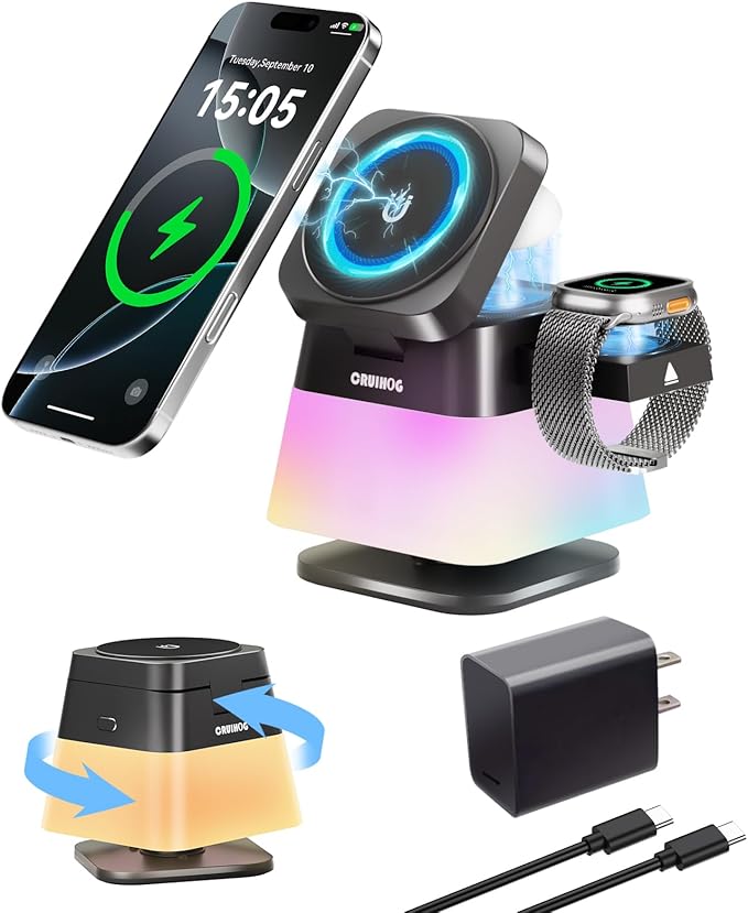 4 in 1 Wireless Charging Station,Charger Stand with Night Light for iPhone17/16/15/14/13/12,Airpods,Watch(20W Adapter),Magnetic Charging Station for Apple
