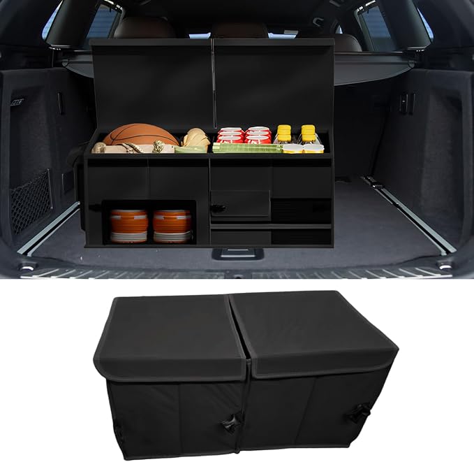 Car Trunk Organizer, Collapsible Multi Compartment Cargo Storage Box with Lid & Reinforced Handles, Adjustable Waterproof Vehicle Storage Organizer Accessories for Car SUV Truck (Black)