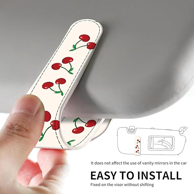 Leather Magnetic Sunglass Holder for Car Sun Visor, Cute Eyeglass Ticket Card Hanger Clip, Universal Auto Interior Accessories for SUV Pickup Truck Cute Red Cherry