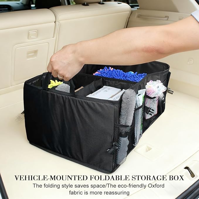 Car Trunk Organizer, Collapsible Multi-Compartment Large Capacity Vehicle Storage Container, Foldable Adjustable Automotive Interior Organization Box, Universal Fit (Black)