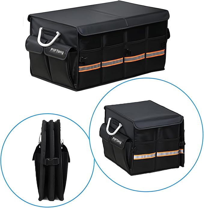 Collapsible Car Trunk Organizer with Reflective Strips, Durable 1680D Oxford Fabric, Large Capacity Storage Bin with Aluminum Handles, Anti-Slip Bottom – 60x35x30cm (23.4x13.8x11.8 inches)