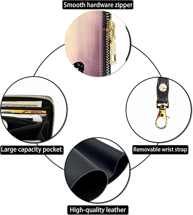 Women's Large Capacity Wallet PU Leather Zip Around Clutch Purse Multifunctional Wallet with Removable Wristlet Strap for Smart Phone/Coin/Card/Cash, Flower Butterfly