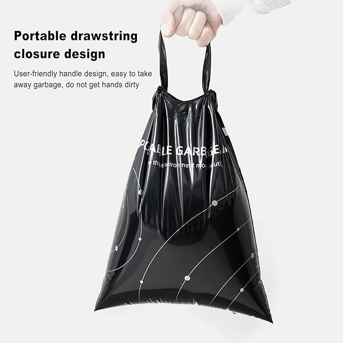 Disposable Trash Bags for Cars, Vomit Bags Pack of 100, Portable Drawstring, Paste Dual-Use Self Adhesive Cleaning Bags, Easy Stick on and Hanging, for Cars Kitchens Bedrooms Travel Office (Black)