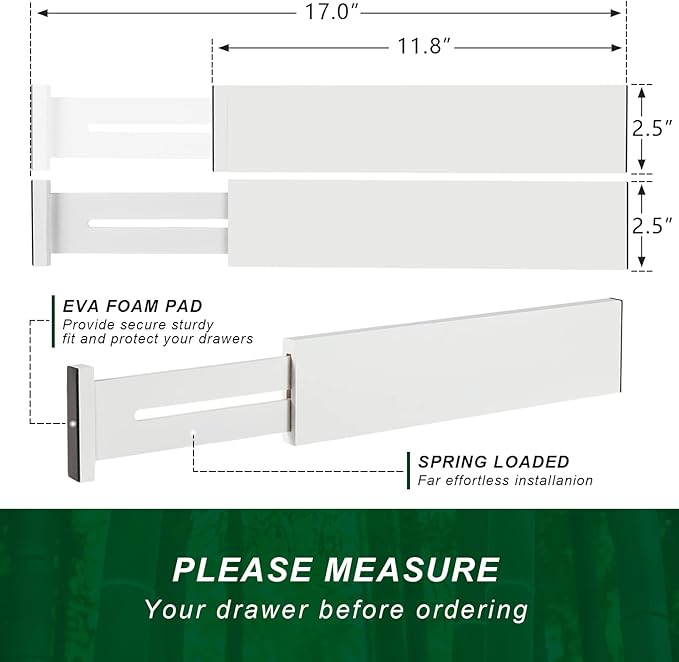 4 Pack Bamboo Drawer Dividers 2.6" High, Adjustable Length from 12 Inch to 17 Inch, Expandable Kitchen Drawer Organizer Separators for Clothes, Kitchen, Bedroom, Dresser, Office (White)