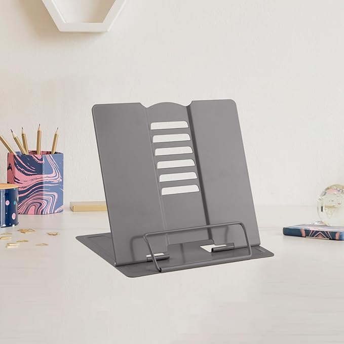 MSDADA Small Desk Book Stand Metal Reading Rest Book Holder Adjustable Cookbook Documents Holder Portable Sturdy Bookstands for Recipes Textbooks Tablet Music Books(Grey)