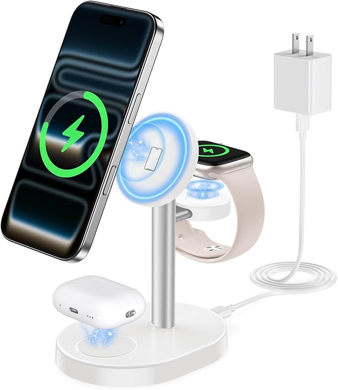 Hevanto 2026 3 in 1 Wireless Charging Station for Apple MagSafe Charger, 15W Fast Magnetic Mag-Safe Charger Stand for iPhone 17 16 15 14 13 12 Apple Watch AirPods Series, Gray&White