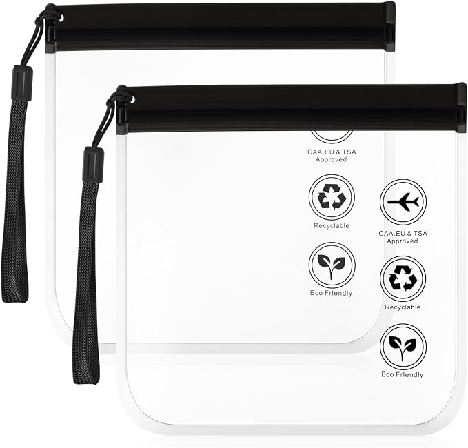 Piriuuo TSA Approved Clear Travel Toiletry Bags Quart Size Waterproof Leakproof Travel Pouches for Toiletries Liquids Cosmetics (2 Black)