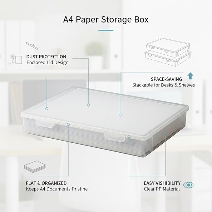 Clear A4 Document Storage Box with Lid, Stackable PP File Organizer for Office Desk & Shelf