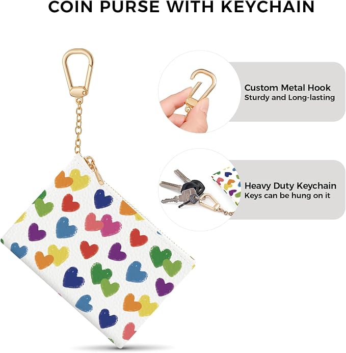 Love Hearts Keychain Coin Purse for Women, Small PU Leather Change Pouch, Zipper Little Tiny Travel Wallet for Girls, Cute Kawaii Zip Pocket Coin Holder with Key Ring