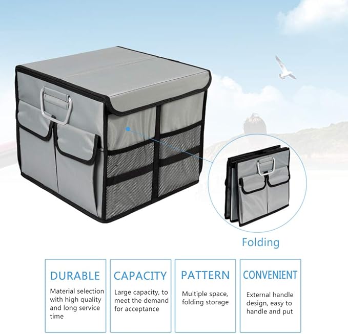 Car Trunk Organizer Collapsible Portable Multi Compartments Organizer with Non Slip Straps for SUV Truck Auto Vehicle Car Auto Minivan (Small without cover, Space gray)