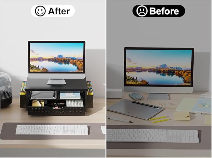 gianotter Wood Monitor Stand Riser, Office Desk Shelf Organizer, Desk Organizer with Drawer and Pen Holder, 2-Tier Computer Stand, Office Organization (Ink)
