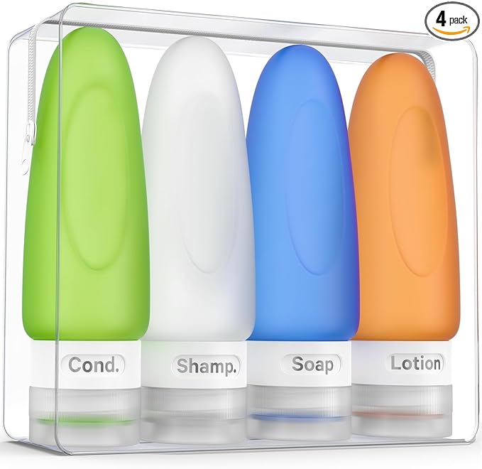 Dot&Dot Leak Proof Travel Bottles - Tubes for Liquid TSA Approved 3oz Silicone Toiletries Travel Shampoo & Conditioner Containers with Labels
