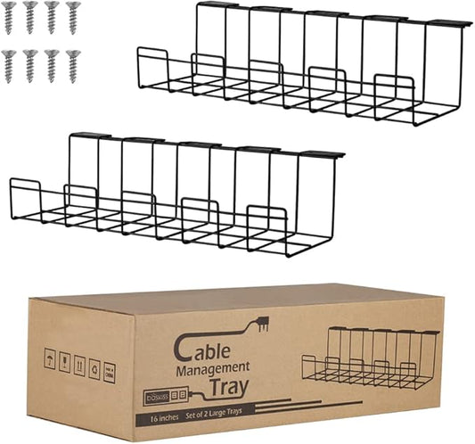 2 Packs Cable Management Tray, 16" Under Desk Organizer for Wire Organization, Metal Holder for Desktop Computer Home Office Kitchen Workstation to Cover and Hide Power Strips (Black)