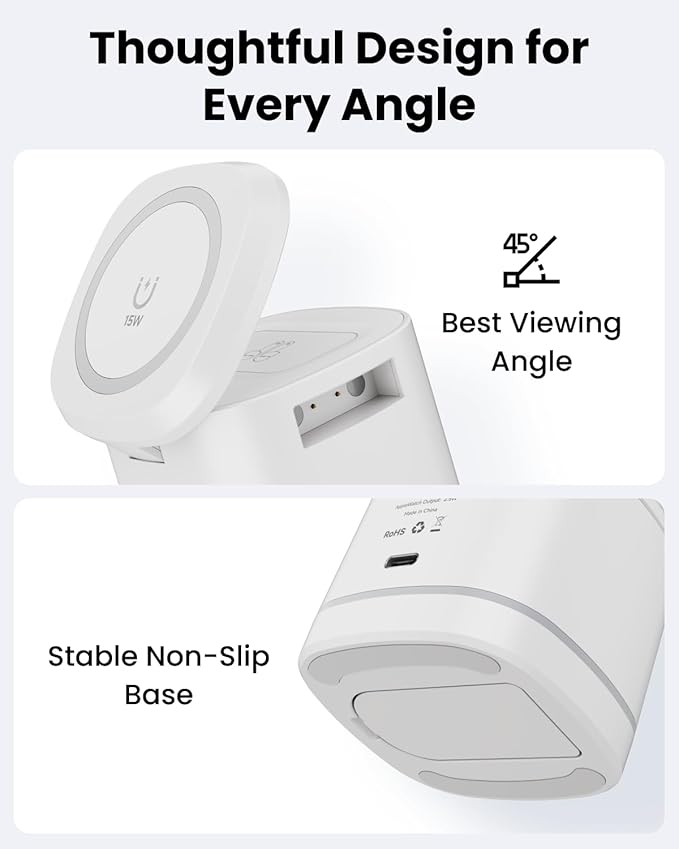 Gitryin Magnetic Wireless Charger Stand for Apple Devices, 3 in 1 Travel Charging Station, 15W Foldable Charging Dock for iPhone 17/16/15/14/13/12, Apple Watch Ultra, AirPods 4 3 Pro