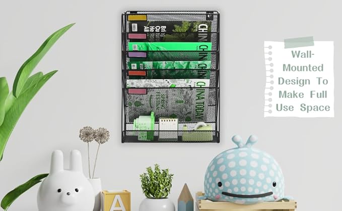 5 Pockets Mesh Wall File Holder Organizer with Bottom Flat Tray, Office Hanging File Folder Magazine Rack, Nametag Label Hooks Set Included, Black