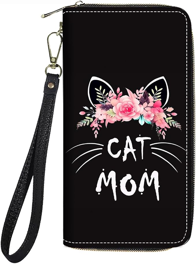 Women's Large Capacity Wallet PU Leather Zip Around Clutch Purse Multifunctional Wallet with Removable Wristlet Strap for Smart Phone/Coin/Card/Cash, Floral Cat Mom