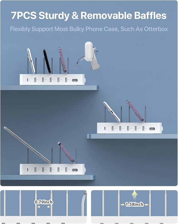 SooPii 60W 6-Port Charging Station for Multiple Devices, PD 20W USB C Fast Charging for lPhone 14/13/12,6 Short Cables Included, 2 in 1 Holder,for Phones,Tablets and Others,White