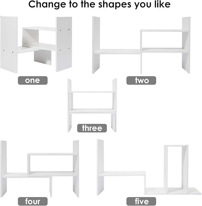 Hossejoy Wood Adjustable Desktop Storage Organizer Display Shelf Rack, Office Supplies Desk Organizer,White