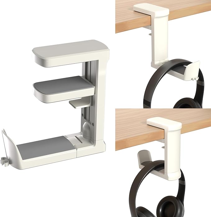 Headphone Hook - Adjustable Clamp-on Headphone Holder, Under Desk Gaming Headset Holder Mount Hook with Rotating Clamp (White)