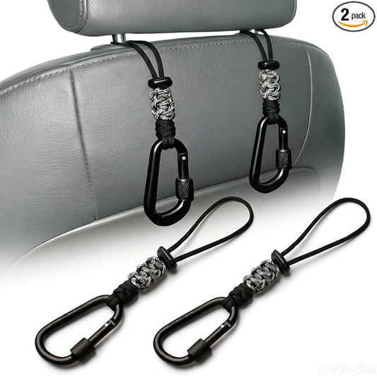 Car Seat Back Hooks 2 Pack - Heavy Duty Rope & Metal Buckle Car Hangers, No Wobble Multi-Purpose Organizer for Grocery Bags, Backpacks, Umbrellas, Trash Bags (Fit Most Vehicles) Black
