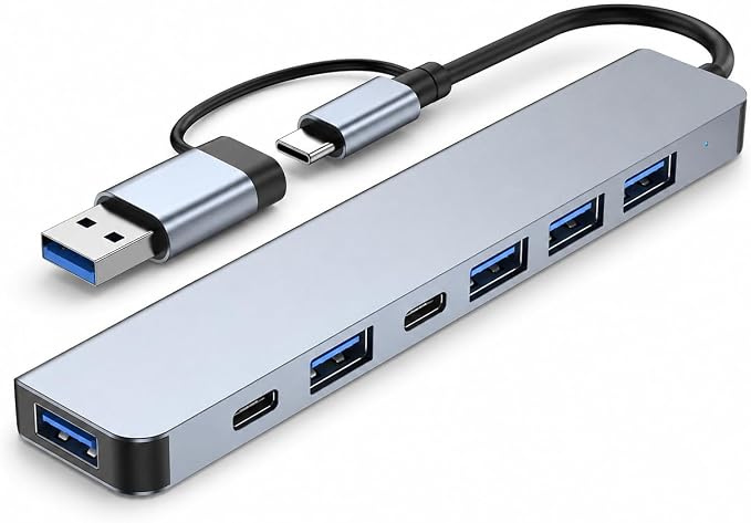 7-Port USB Hub, USB-C & USB-A Multiport Adapter with USB 3.0, USB 2.0, USB-C Data Port and 5W Power Input, Slim Aluminum for Laptop, Desktop, MacBook, iPad, Keyboard, Mouse, Flash Drive