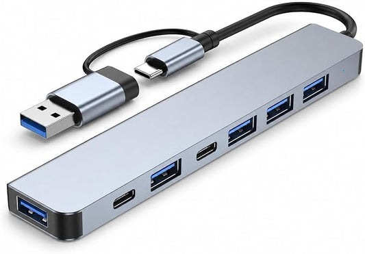 7-Port USB Hub, USB-C & USB-A Multiport Adapter with USB 3.0, USB 2.0, USB-C Data Port and 5W Power Input, Slim Aluminum for Laptop, Desktop, MacBook, iPad, Keyboard, Mouse, Flash Drive