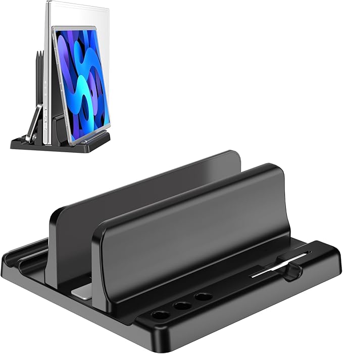 Vertical Laptop Stand Holder - Adjustable ABS Plastic Desktop Management Notebook Dock, Space-Saving 3 in 1 Compatible with All MacBook Pro Air, Mac, HP, Dell, Microsoft Surface (Black-1 Slot Version)