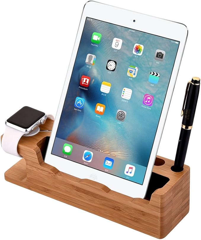 MOOZO Bamboo Wood Desktop Charging Dock Station Charger Holder Cradle Stand Compatible iPhone 16 15 14 13 12 11 Pro Max Apple Watch 2 3 4 / iWatch Samsung Galaxy S8 S7 S6 Edge Plus LG HTC Smartphones