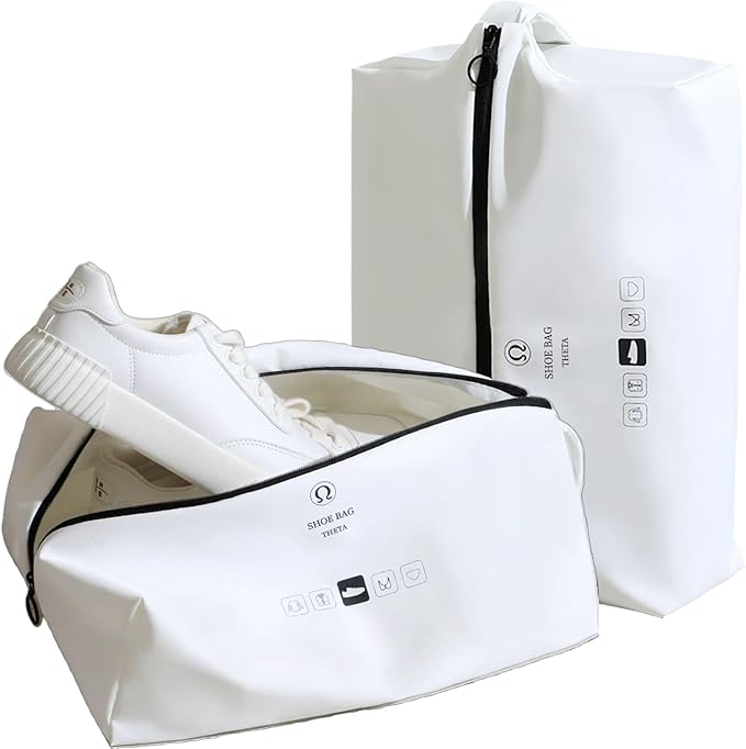 tianzong 2 Pack Double-Layer Fabric Wide-Opening Waterproof Travel Shoe Bag with Comfortable Handle (White)