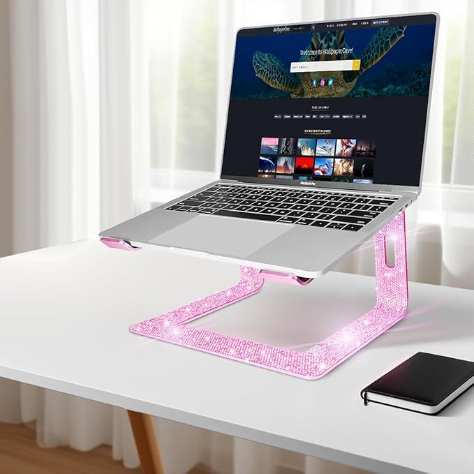 Bling Aluminum Laptop Stand,Glitter Ergonomicic Computer Stand for Desk with Sparkle Rhinestones,Detachable Notebook Riser Compatible with Air, Pro, Dell, HP, 10-15.6" Laptops (Pink)