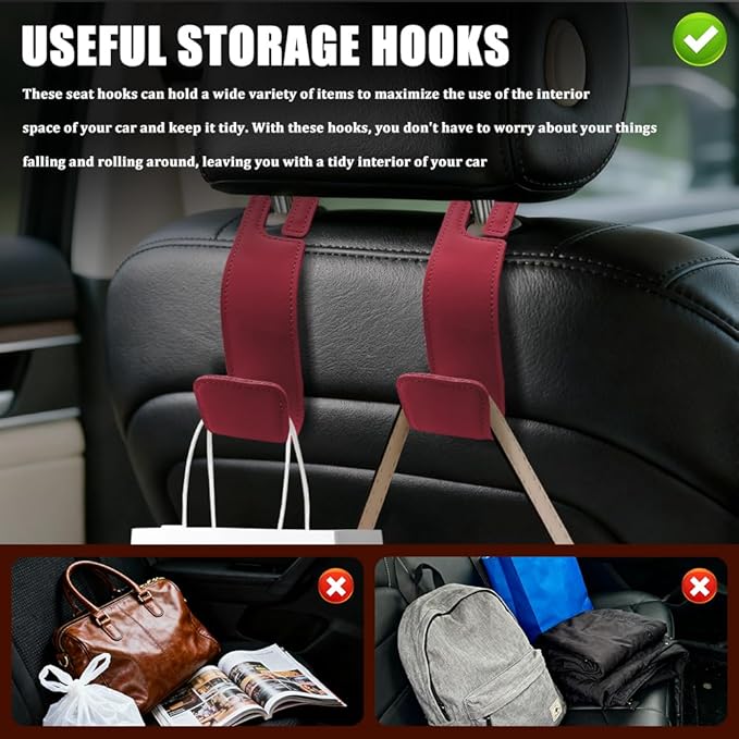 2PCS Car Seat Headrest Hooks, Purse Hook for Car, Automotive Headrest Handbags Holder, Auto Accessories Leather Seatback Organizer Hanger for Hanging Purses Bags Coats (Red, 2PCS)