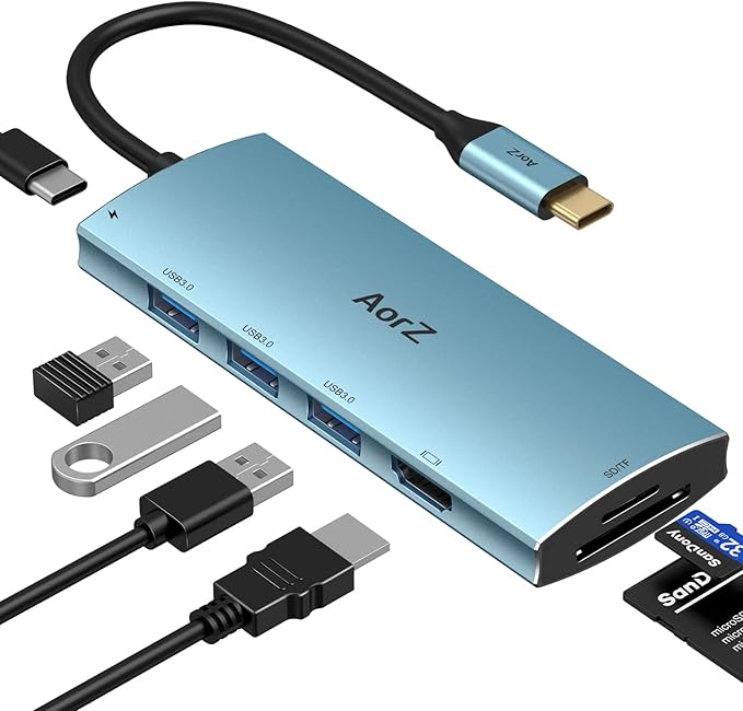 USB C Hub, USB Hub to HDMI Multiport AorZ USB c Dongle Adapter 7 in 1 with 4K HDMI Output, 3 USB 3.0 Ports,SD/Micro SD Card Reader, 100W PD,Compatible with Macbook,XPS and More Type Device(Light Blue)