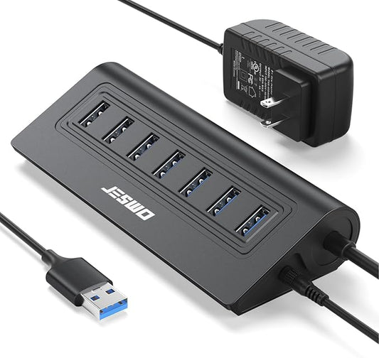 Powered USB Hub, JESWO 7-Port USB 3.0 Hub, Aluminum USB Data Hub with 3.3ft Cable, USB Hub 3.0 Powered with 20W Power Adapter for MacBook, Mac Pro/mini, iMac, XPS, PC, USB-Flash Drives, etc. (Black)